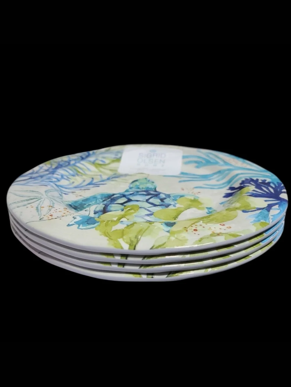 4 Sigrid Olsen Melamine Salad App Dessert Plate Sea Turtle Blue Green Watercolor